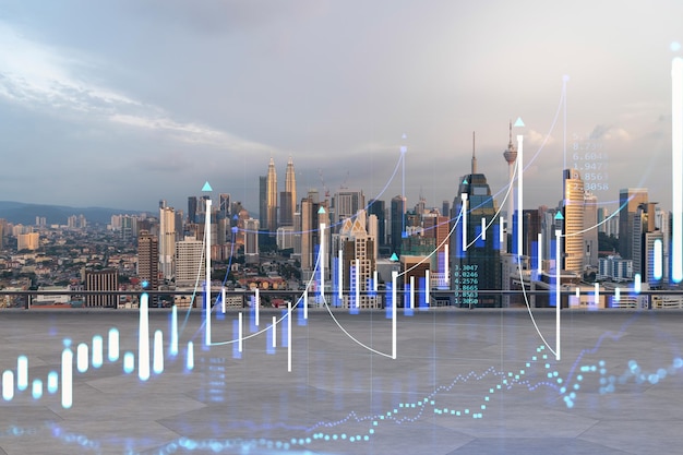 Rooftop with concrete terrace Kuala Lumpur sunset skyline Forecasting and business modeling of financial markets hologram digital charts City downtown Double exposure