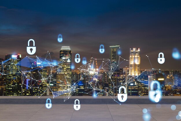 Rooftop with concrete terrace Singapore night skyline Cyber security concept to protect clients confidential information IT hologram padlock icons City downtown Double exposure