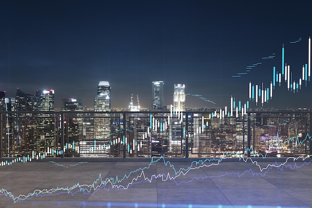 Rooftop with concrete terrace Singapore night skyline Forecasting and business modeling of financial markets hologram digital charts City downtown Double exposure