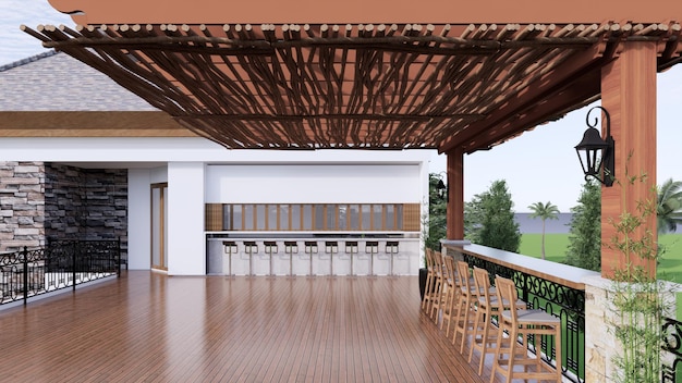 Rooftop with wooden roof and bar table