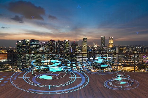 Rooftop with wooden terrace Singapore night skyline Hi tech digital holograms to optimize business process by applying new technologies City downtown Double exposure