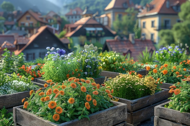 The rooftops become a canvas for sustainable innovation with greenery adorning every corner