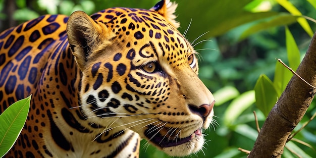 Roofzuchtig beest in de jungle op een zonnige dag Mooie tropische regenwoudillustratie met wilde jaguar onder exotische planten met grote bladeren Achtergrond met ongerept natuurlandschap Generatieve AI