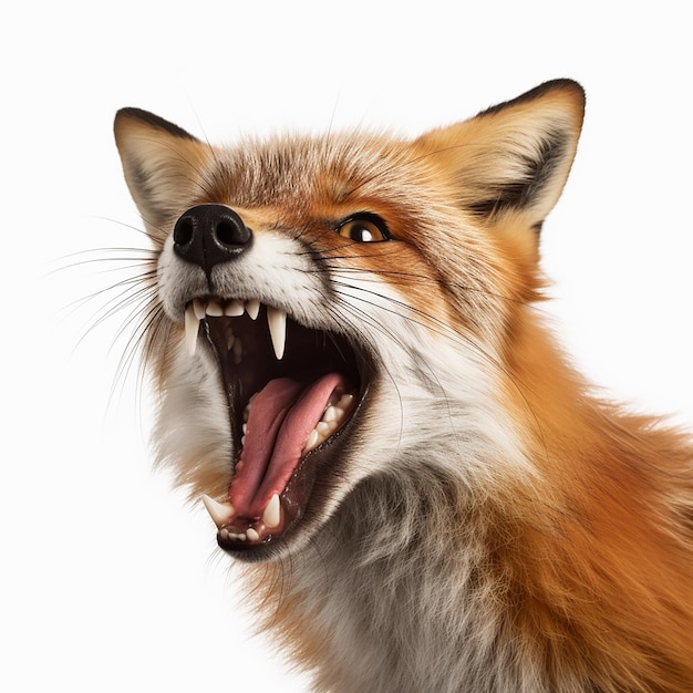 Roofzuchtige boze rode vos ontbloot grote hoektanden gromt portret close-up op wit