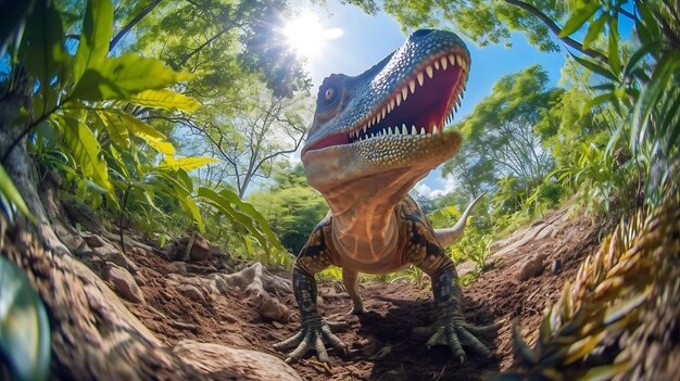 Foto roofzuchtige dinosaurus in de jungle op zoek naar voedsel ai generative