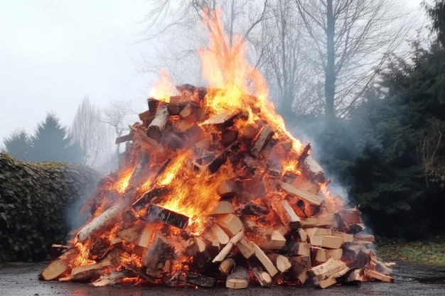 Rook die opstijgt uit een brandende stapel gespleten brandhout, gemaakt met generatieve AI