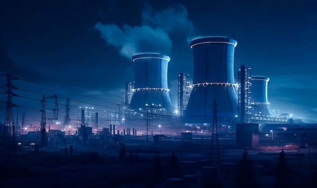 Rook komt uit de brede enorme pijpen van de energiecentrale Koeltorens van kerncentrale 's nachts Generatieve AI