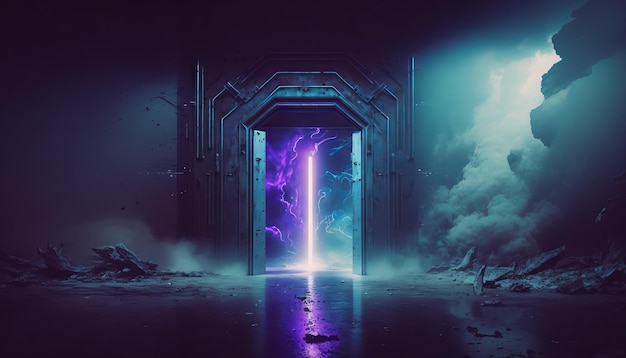 Rook Mist Futuristische Hal Gang met Neon Laser Led Blauw Paars Gloeiende Tunnel Metaal Reflectie Generatieve ai