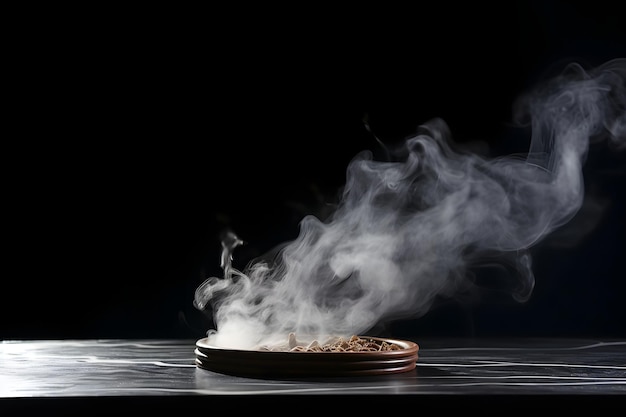 Rook van wierookstokjes op een lege zwarte stenen tafel met zwarte achtergrond Hoge kwaliteit foto