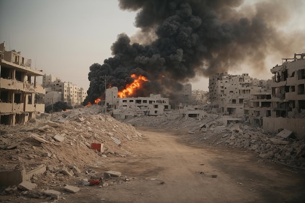 Rookwolken uit de Palestijnse en Israëlische oorlog stijgen op boven het verwoeste Gaza