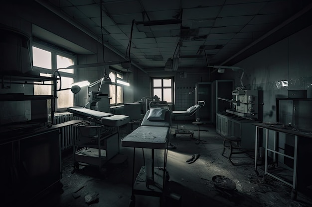 Foto stanza di un ospedale abbandonato con illuminazione inquietante e attrezzature rotte