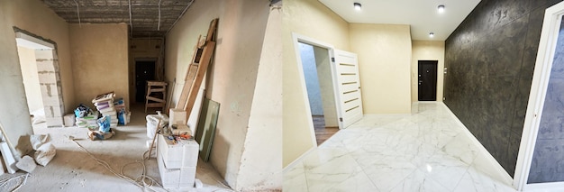 Photo room in apartment before and after renovation works