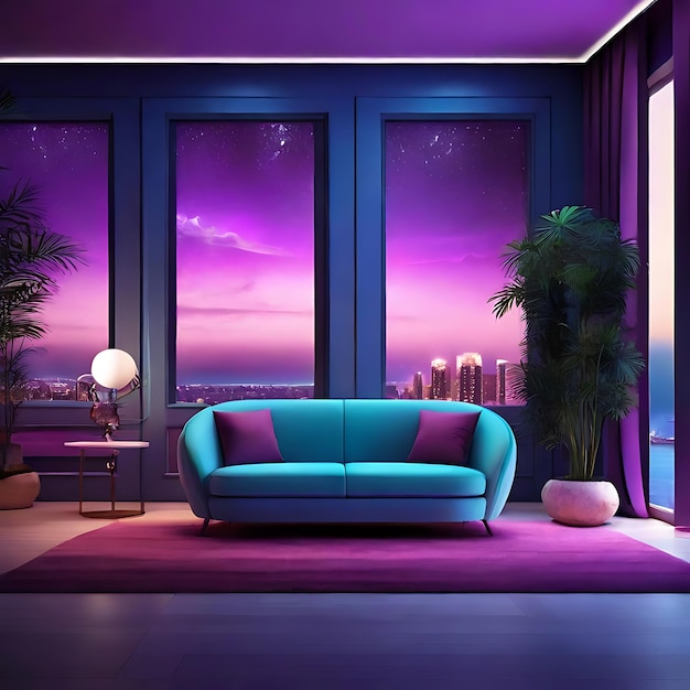 Room background modern lights blue and purple generated by ai