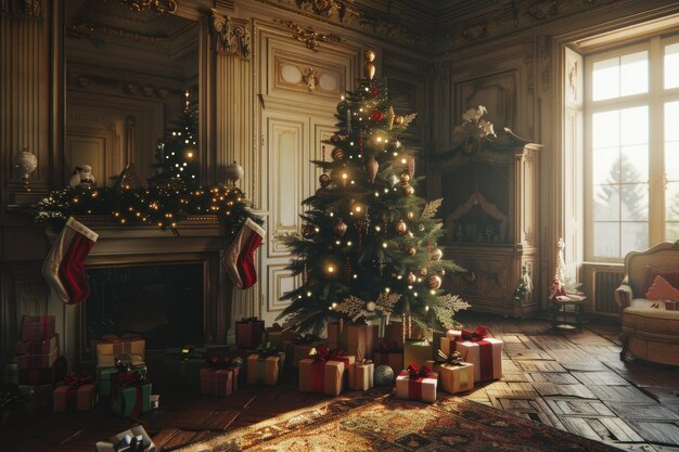 Photo room beautiful holdiay decorated room with christmas tree with presents under it