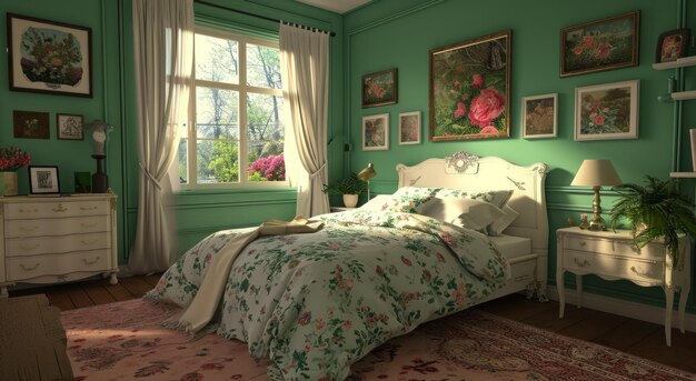 a room boasting green walls white linen bed and floral prints