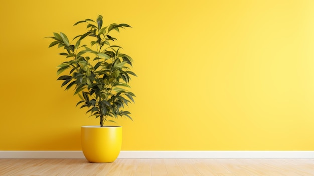 a room in a building full yellow wall brightly lit in the middle there is only a green plant