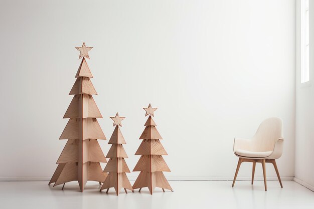 Foto interiore di stanza natalizio in stile scandinavo albero di natale in legno parete vuota mockup sostenibile