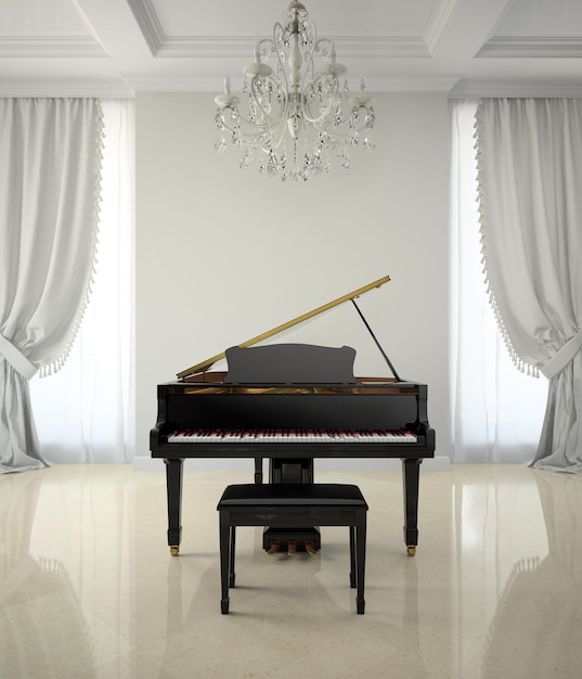 Photo room in classic style with piano and chandlier 3d rendering