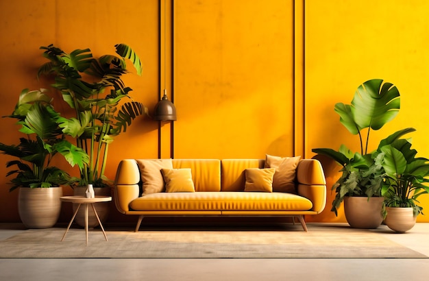 A room contains yellow sofa and several plants