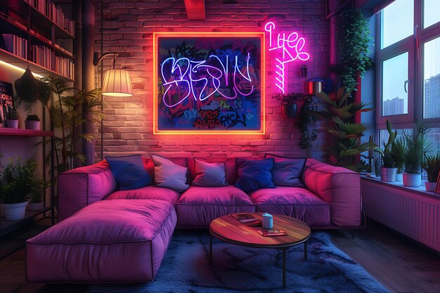 Foto decorazione della stanza ridefinita abbraccia colori neon vibranti e design d'interno cyberpunk futuristico