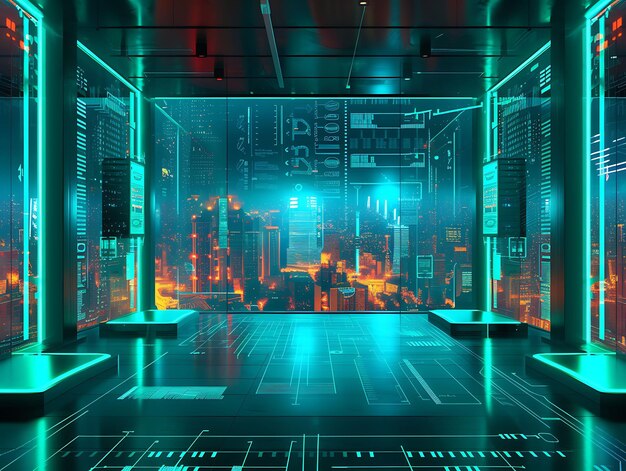 Foto decorazione della stanza ridefinita abbraccia colori neon vibranti e design d'interno cyberpunk futuristico