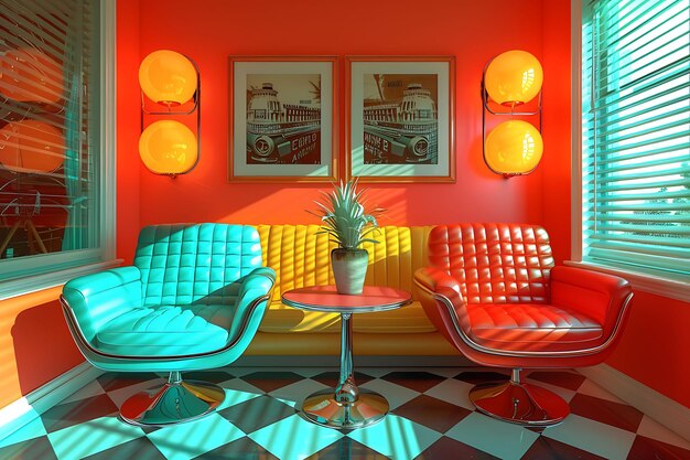 Foto decorazione della stanza ridefinita abbraccia colori neon vibranti e design d'interno cyberpunk futuristico