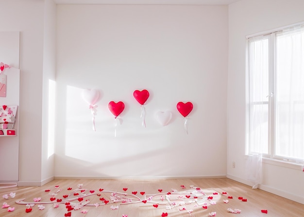 Photo room decorated for valentines day love gifts hearts balloons