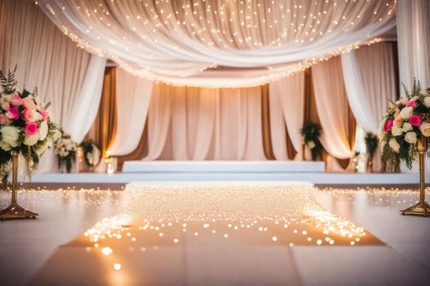 a room decorated for a wedding with lights and garlands