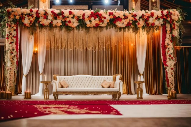 A room decorated for a wedding with a red carpet and a white couch.