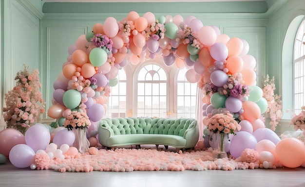 Room decorated with huge balloons arch
