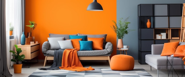 A room decorated with orange tones