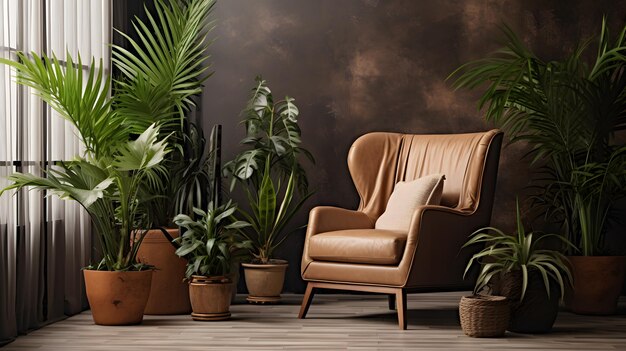 Room design with armchair and plants