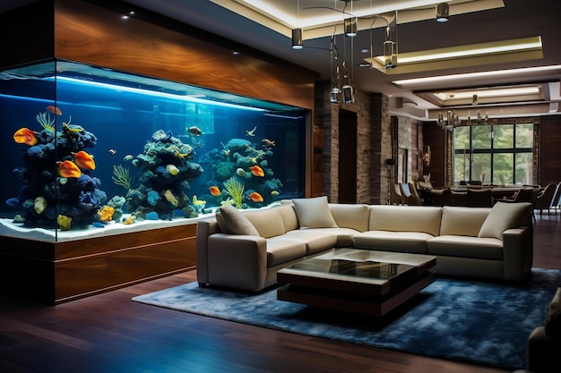 プロのジェネレーターAIによる大型水族館のある部屋デザイン