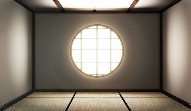 Stanza vuota con stuoie tatami e finestra di carta sulla sala di rendering zen style.3d