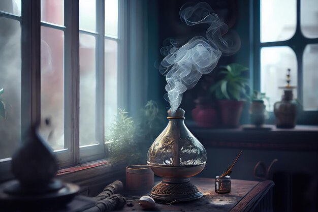 A room filled with the aromatic scent of incense with a puff of smoke coming from the window