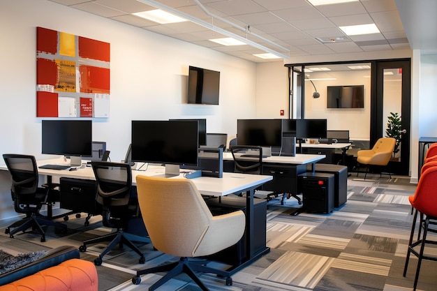 A room filled with computer monitors and desks