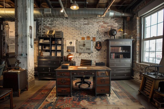 A room filled with furniture and a brick wall