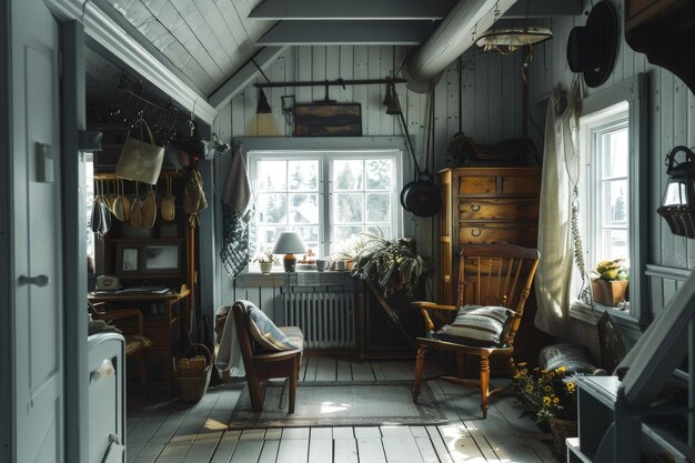 A room filled with lots of furniture next to a window