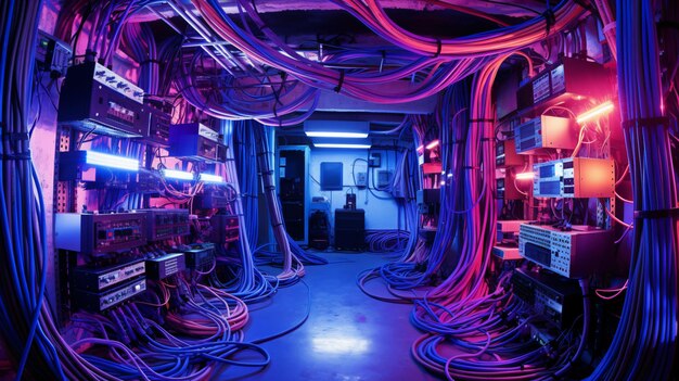 Room filled with lots of purple and blue wires