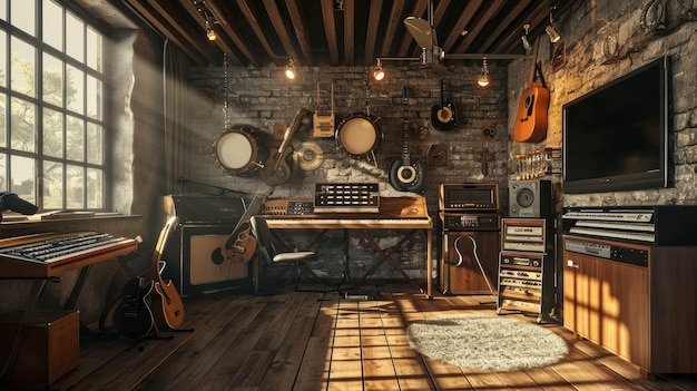 Room Filled With Musical Instruments and TV