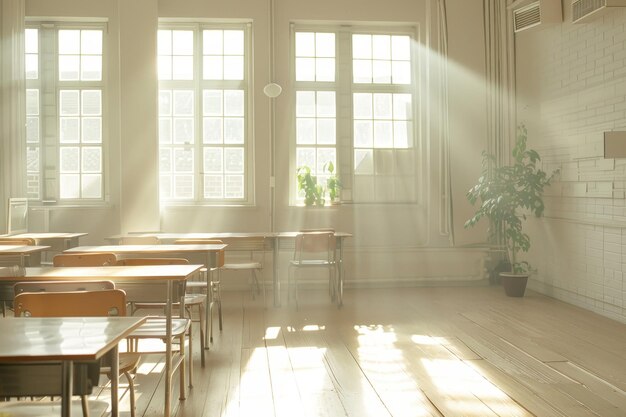 Photo a room filled with numerous tables and chairs a serene classroom bathed in soft white light