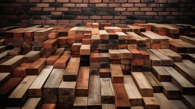 Room filled with numerous wooden blocks arranged in a large pile