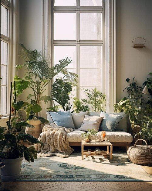 room filled with plants adorned with blue
