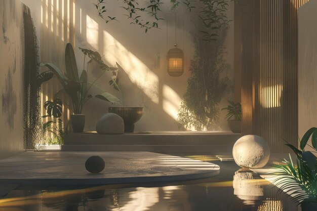 Room Filled With Plants Next to Pool in Tranquil Zen Garden Generative AI