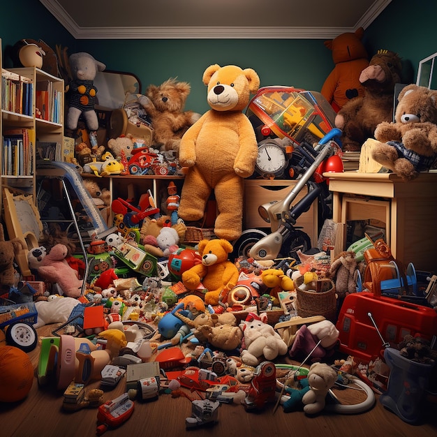 a room filled with scattered and messy toys