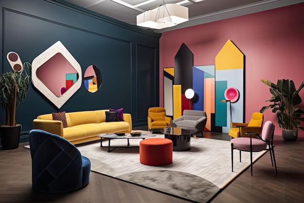洗練された幾何学的な家具と大胆な色で満たされた部屋