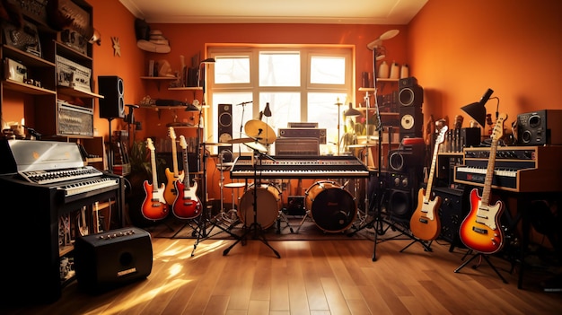 様々な音楽器具で満たされた部屋