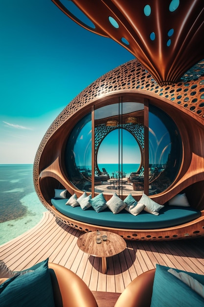 A room on a floating platform with a view of the ocean.
