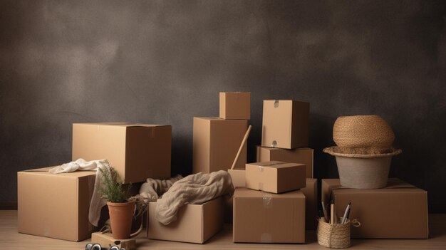 A room full of boxes and a plant