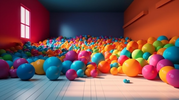 Комната, полная разноцветных шаров, заполнена шарами.